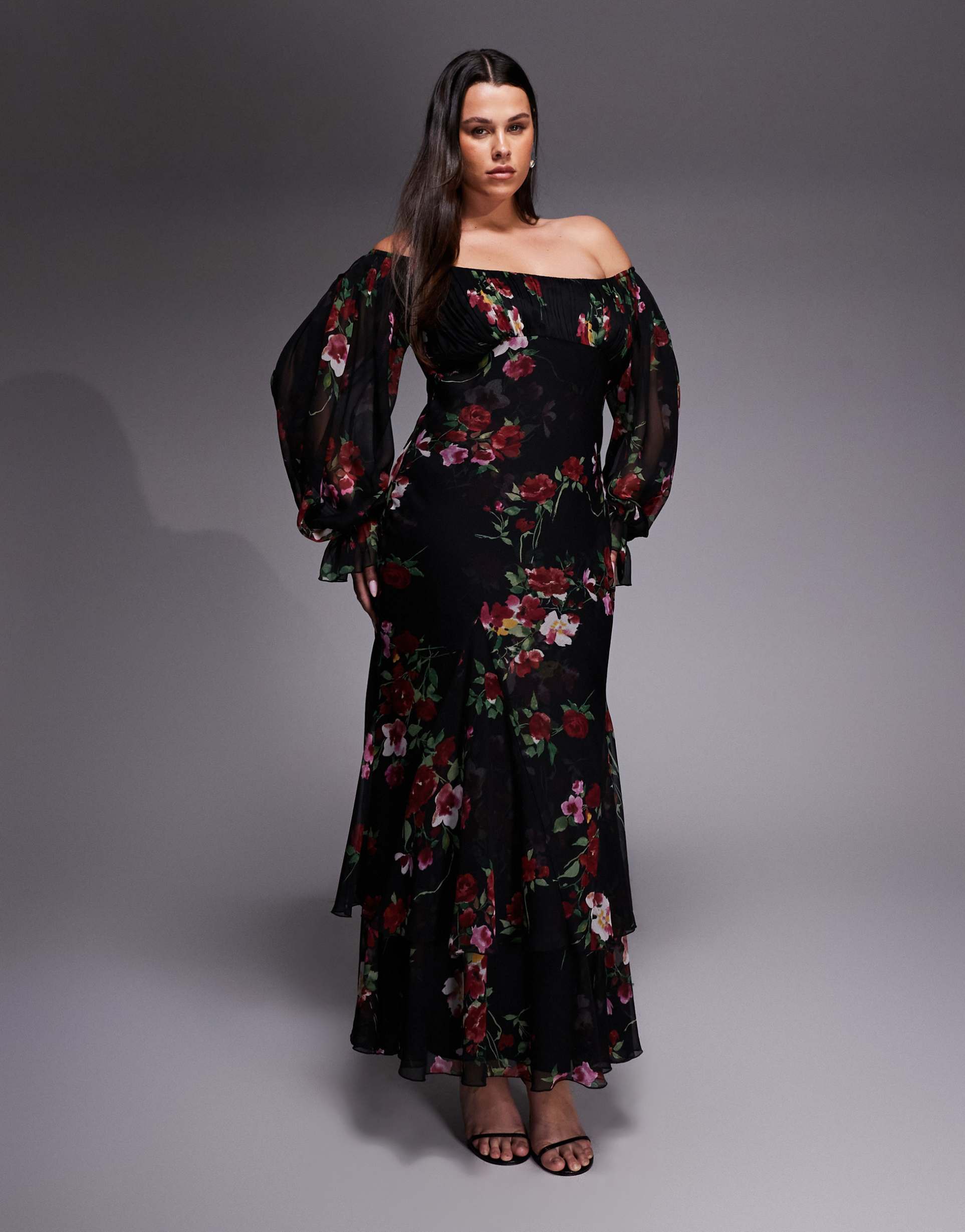 asos design curve bardot ruffle maxi dress with tiered godets and blouson sleeves in floral print