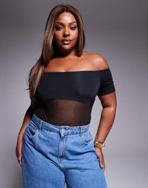 ASOS DESIGN Curve bardot slinky mesh panel bodysuit in black - view 1