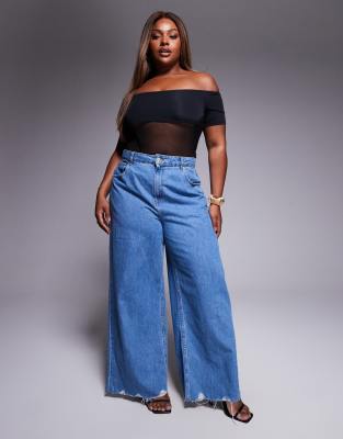 Asos Curve Asos Design Curve Bardot Slinky Mesh Panel Bodysuit In Black