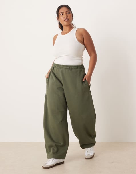ASOS DESIGN Curve barrel leg brushback sweatpants in khaki green - part of a set - view 1