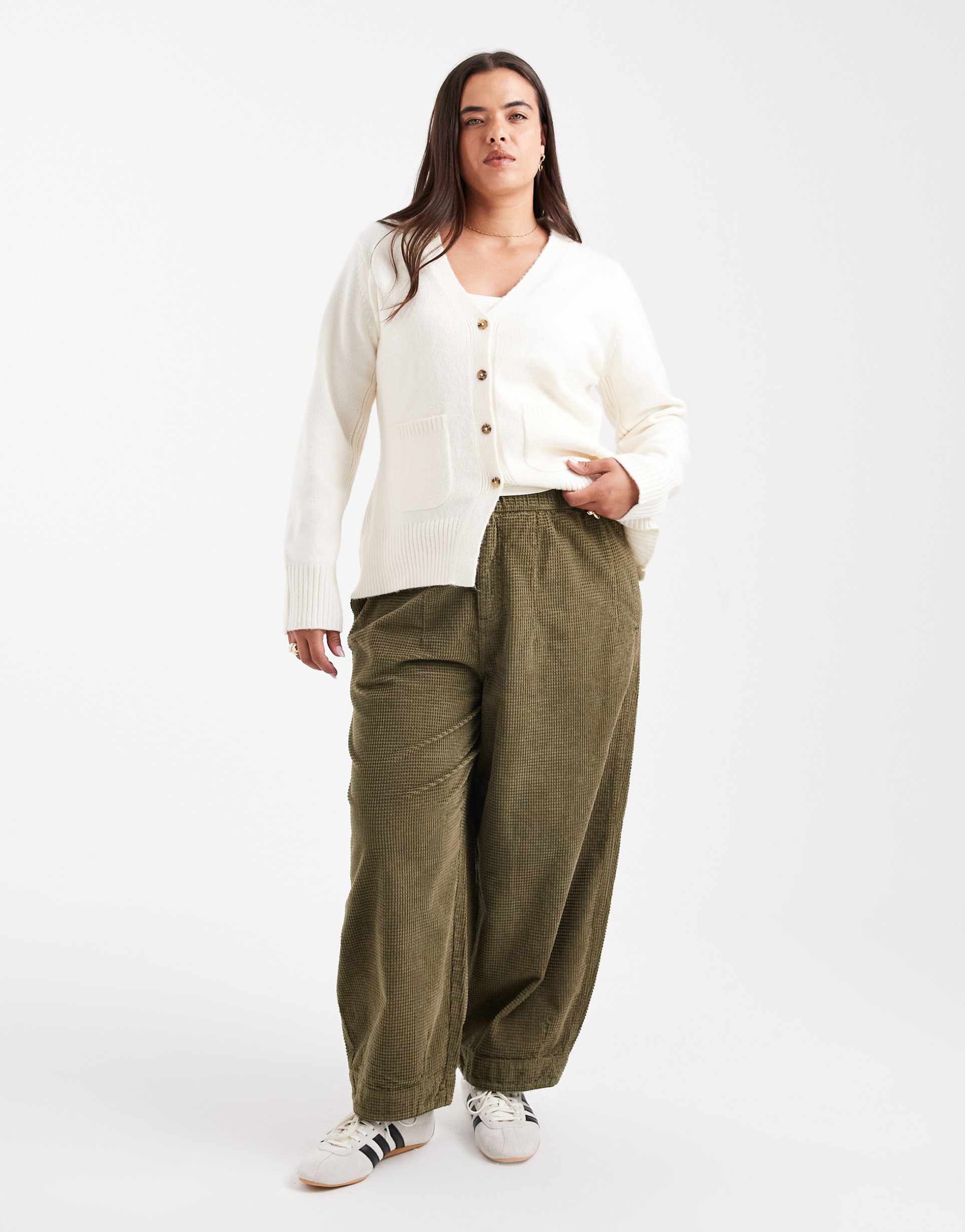asos design curve barrel leg bubble corduroy pants in khaki green