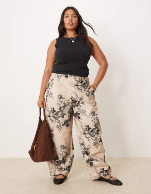 ASOS DESIGN Curve - Barrel Leg Hose in Taupe mit Blumenmuster-Braun