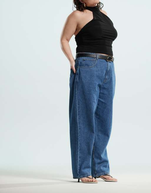 ASOS DESIGN Curve barrel leg jeans in mid blue