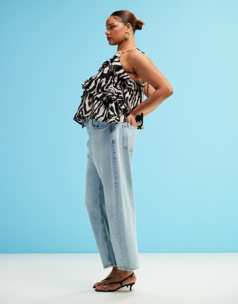 ASOS DESIGN Curve barrel leg jeans in pale wash with belt - view 1