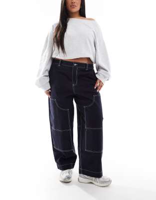 Curve barrel leg pants in navy with contrast stitch-Black