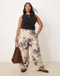 [ASOS DESIGN] ASOS DESIGN Curve barrel leg pants in taupe floral print-Brown 24 Taupe Floral Print