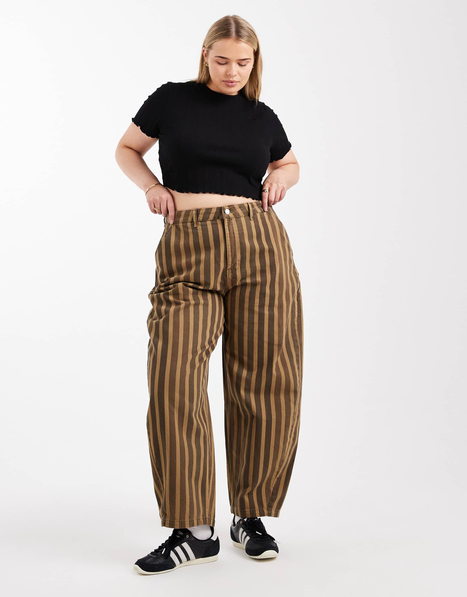 asos design curve barrel leg pants in washed stripe