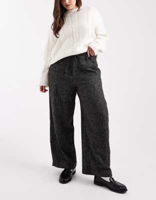 ASOS Curve ASOS DESIGN Curve barrel leg trousers with seam detail in textured check in mono-Black