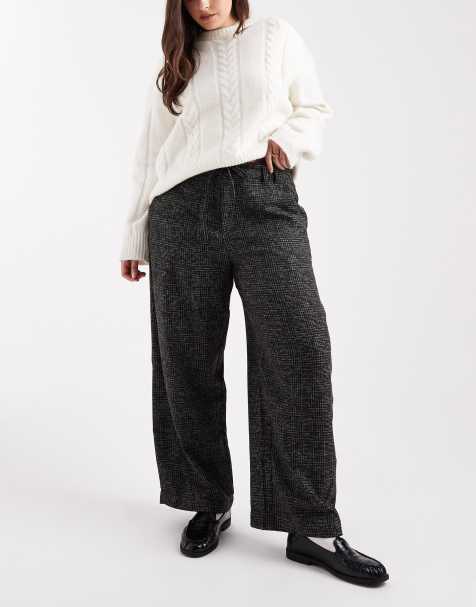 ASOS DESIGN Curve barrel leg trousers with seam detail in textured check in mono