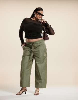 Asos Design Curve Barrel Pants With Seam Detail In Khaki-green