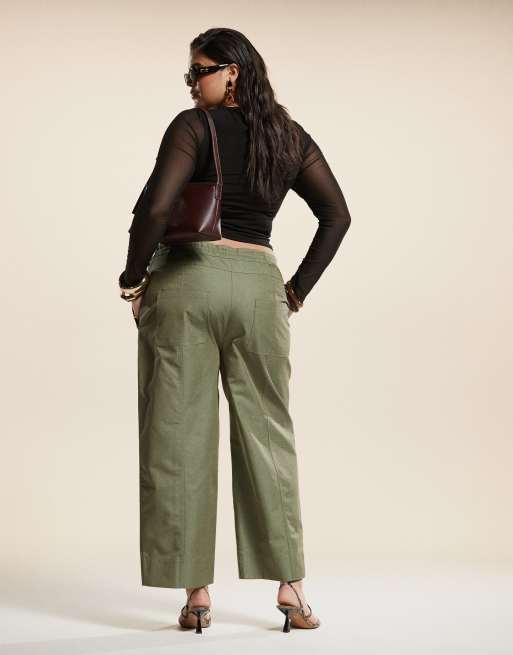 ASOS DESIGN Curve barrel trousers with seam detail in khaki, 2 of 5