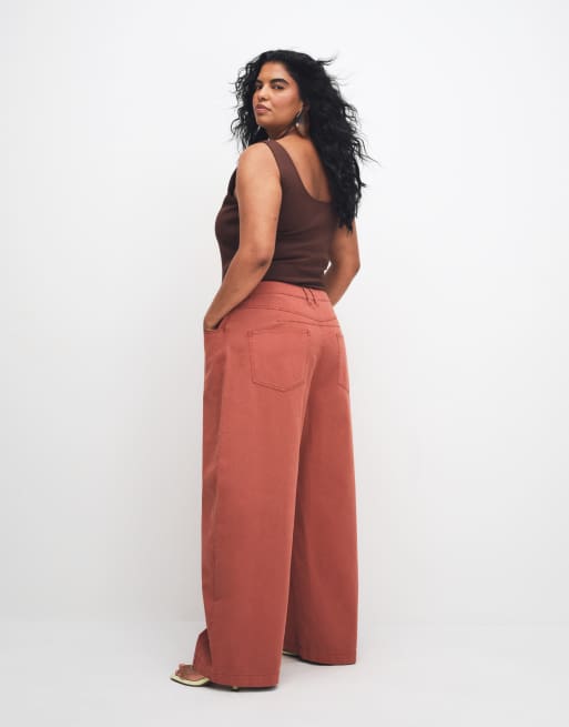 ASOS DESIGN Curve barrel trousers with washed effect in rust, 2 of 7