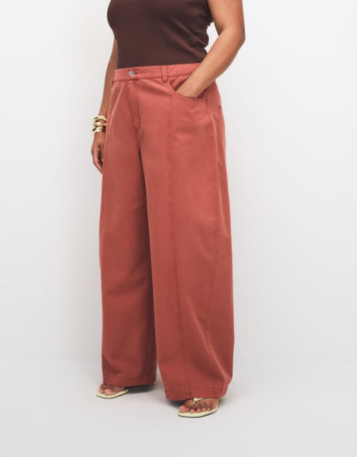 ASOS DESIGN Curve barrel trousers with washed effect in rust, 5 of 7