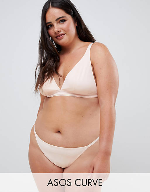 ASOS DESIGN Curve basic microfibre triangle bra and thong in tonal beige