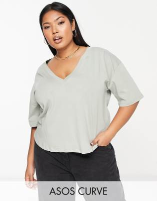 ASOS DESIGN Curve basic v neck T-shirt in khaki-Green