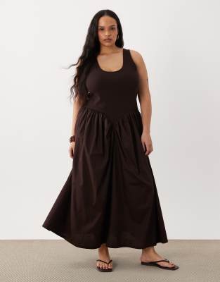 ASOS DESIGN Curve basque waist midi dress with woven skirt-Brown