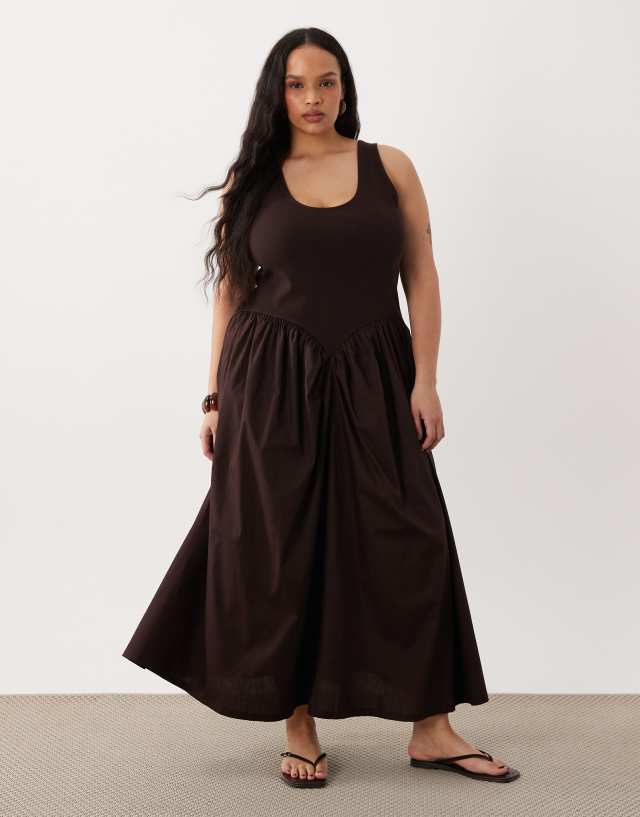 brown basque waist dress ASOS Curve - Midi - Women - Cotton/Spandex - 22 US basque waist vs drop waist