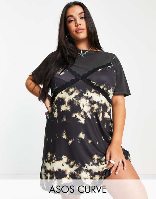 ASOS DESIGN Curve – Batikmönstrad 2-i-1-miniklänning i grungestil med spetskant 