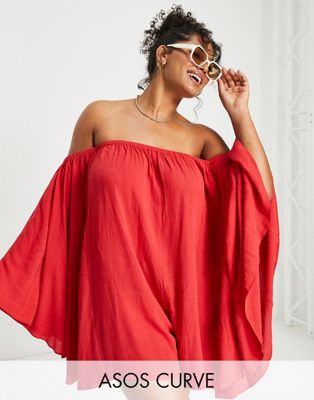 ASOS DESIGN Curve batwing beach playsuit in red