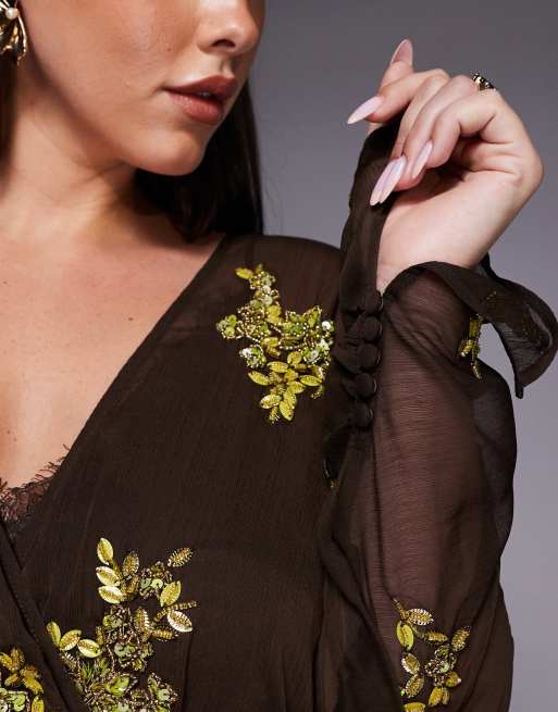 ASOS DESIGN Curve batwing embellished  slouchy hip mini dress with lace cami in chocolate and lime, 2 of 4