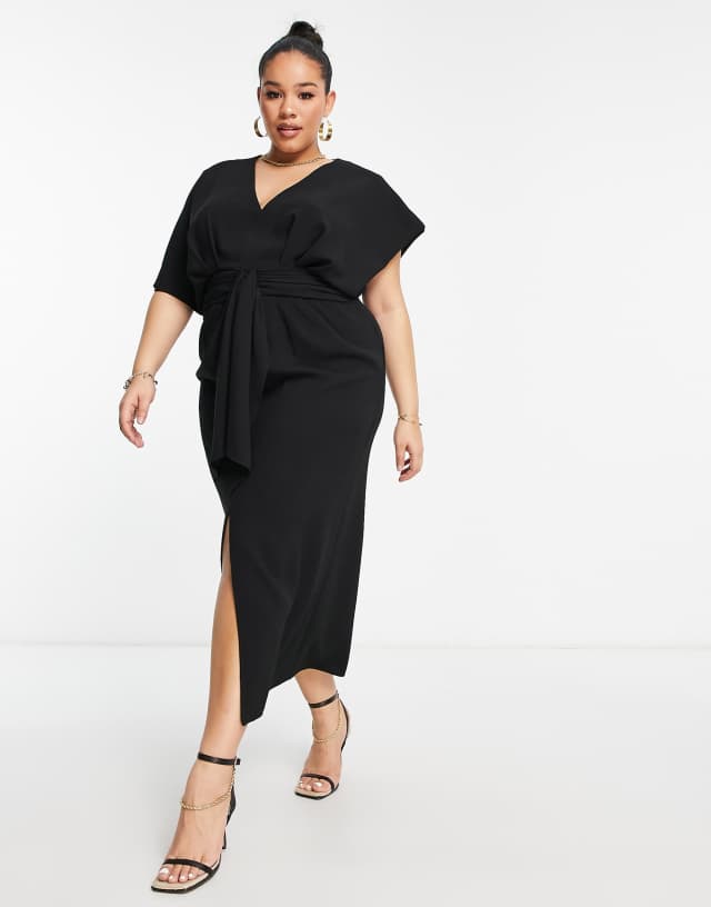 ASOS DESIGN Curve batwing plunge neck tie front crepe midi dress in black