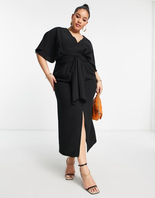 ASOS DESIGN Curve batwing plunge neck tie front crepe midi dress in black