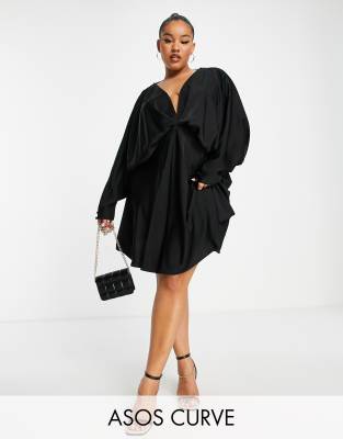 Asos Design Curve Batwing Satin Mini Dress With Bias Cut Skirt And Tie Back In Black