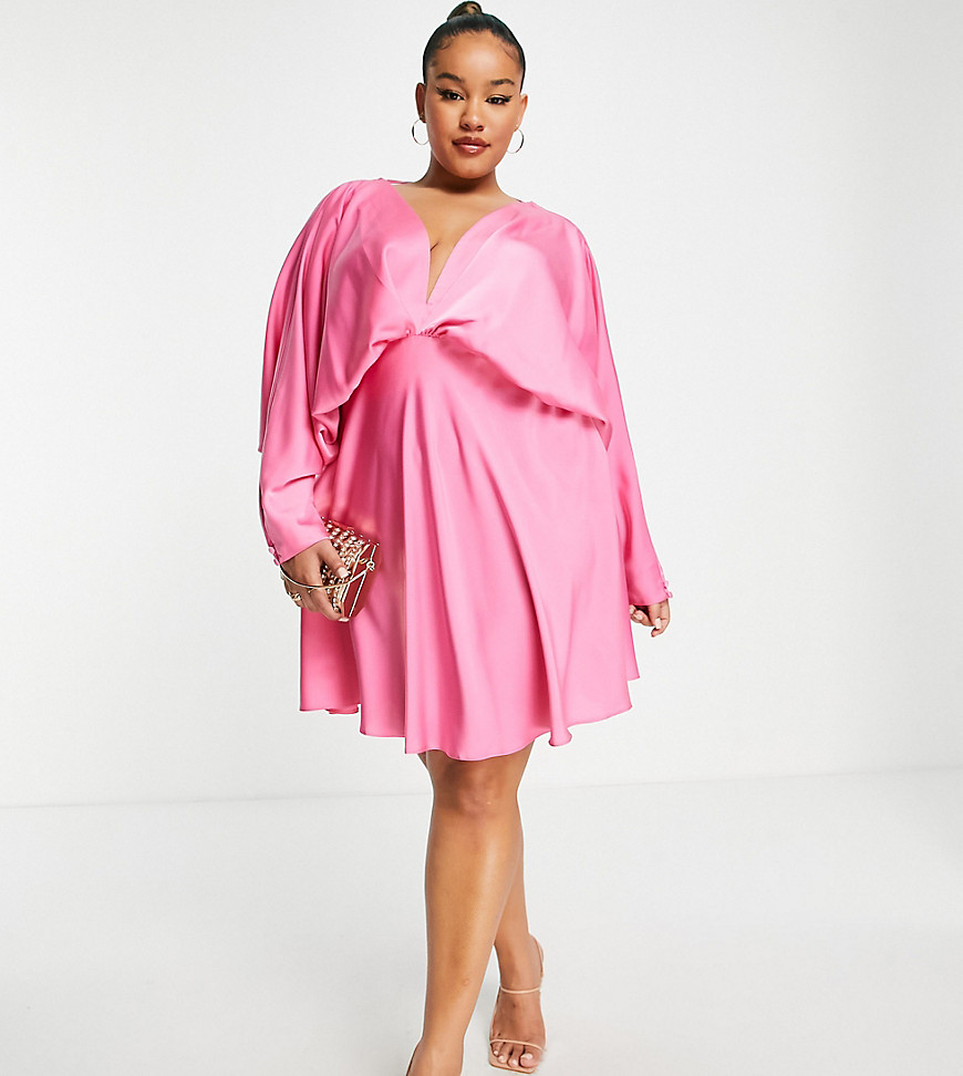 ASOS DESIGN Curve batwing satin mini dress with bias cut skirt and tie back in pink