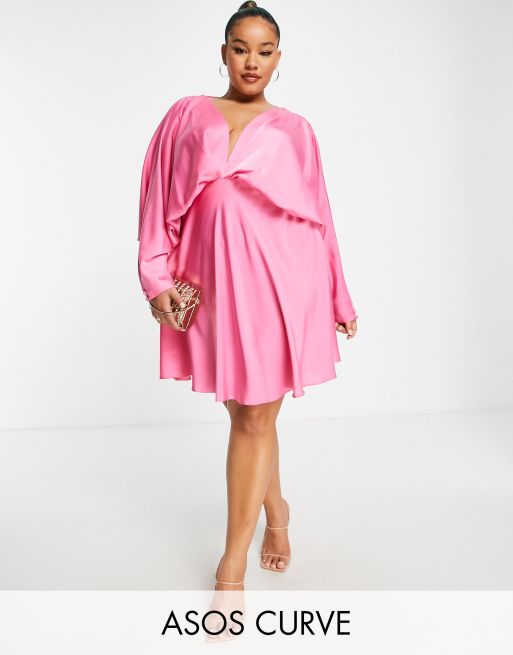 DESIGN Curve batwing satin mini dress with bias cut skirt and back in pink | ASOS