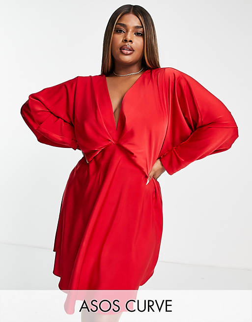 ASOS DESIGN Curve batwing satin mini dress with bias cut skirt and tie back in red