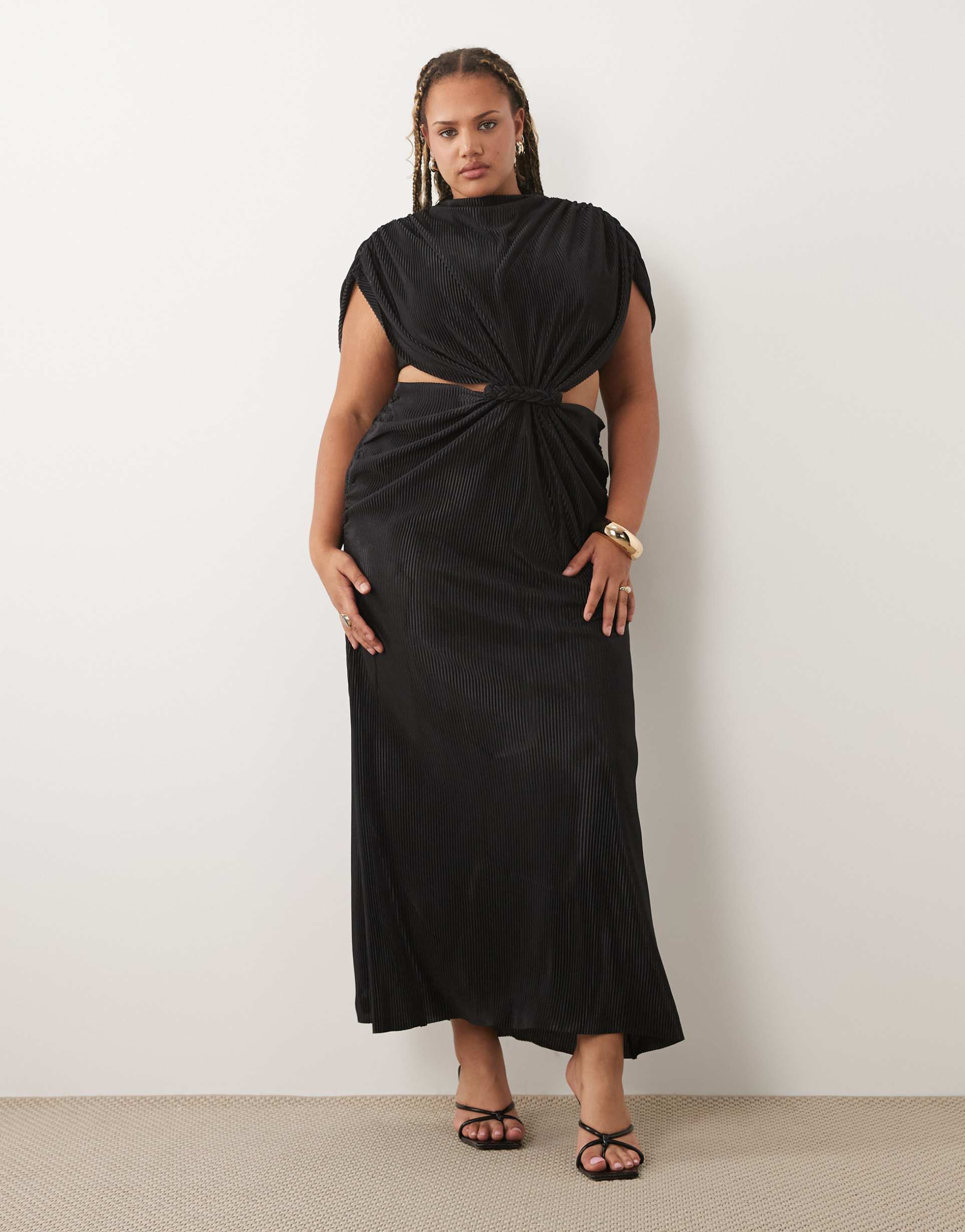asos design curve batwing sleeve braided ruched waist plissé midaxi dress in black