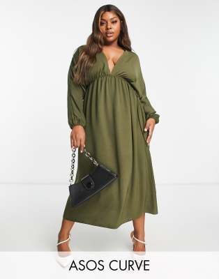 ASOS DESIGN Curve batwing sleeve elastic waist maxi dress in khaki-Green