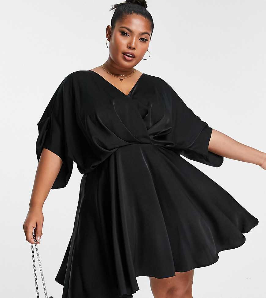 ASOS DESIGN Curve batwing sleeve plunge mini dress in black