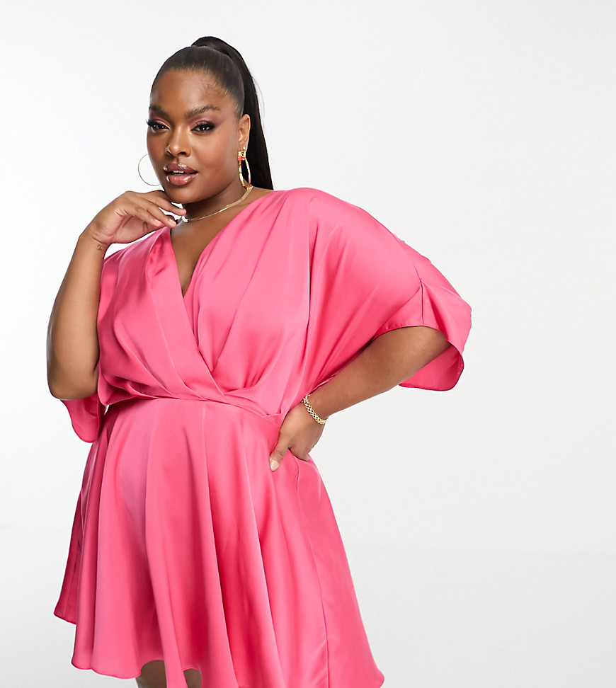 ASOS DESIGN Curve batwing sleeve plunge mini dress in hot pink