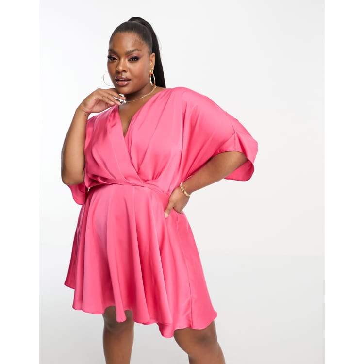 hot pink curvy dress ASOS DESIGN Curve batwing sleeve plunge mini in anniversary-gift