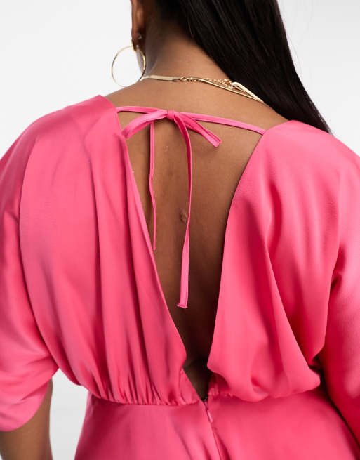 ASOS DESIGN Curve batwing sleeve plunge mini dress in hot pink