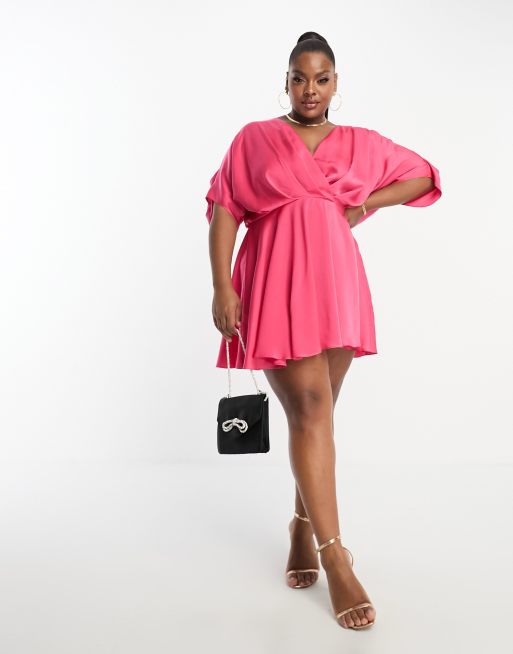 ASOS DESIGN Curve batwing sleeve plunge mini dress in hot pink