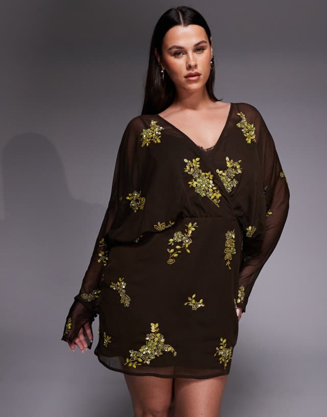 ASOS DESIGN Curve batwing sleeves embellished slouchy mini dress with lace cami underlay in chocolate and lime