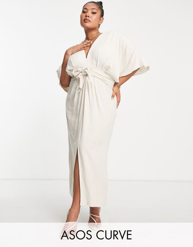 ASOS DESIGN Curve batwing tie front linen midi dress in natural