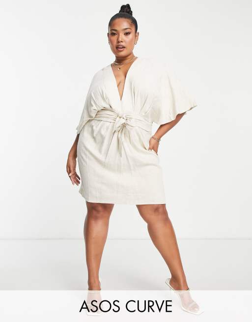 ASOS DESIGN Curve batwing tie front linen mini dress in natural