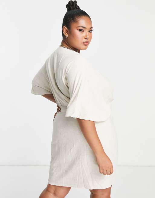 ASOS DESIGN Curve batwing tie front linen mini dress in natural , 2 of 4