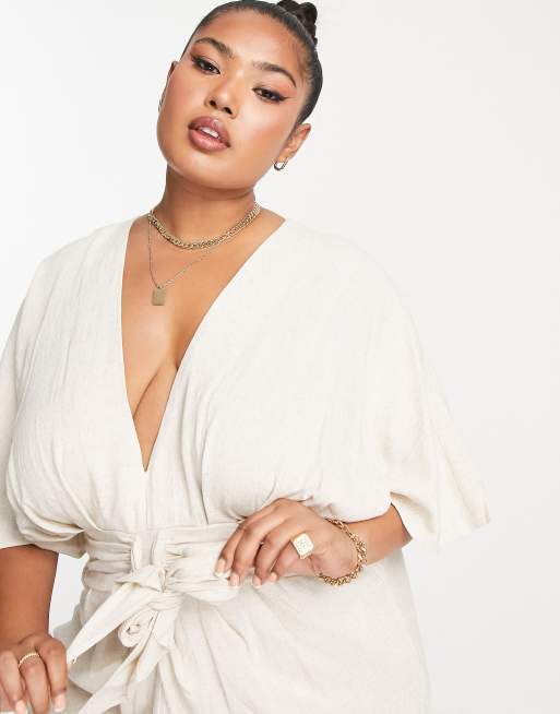 ASOS DESIGN Curve batwing tie front linen mini dress in natural , 3 of 4