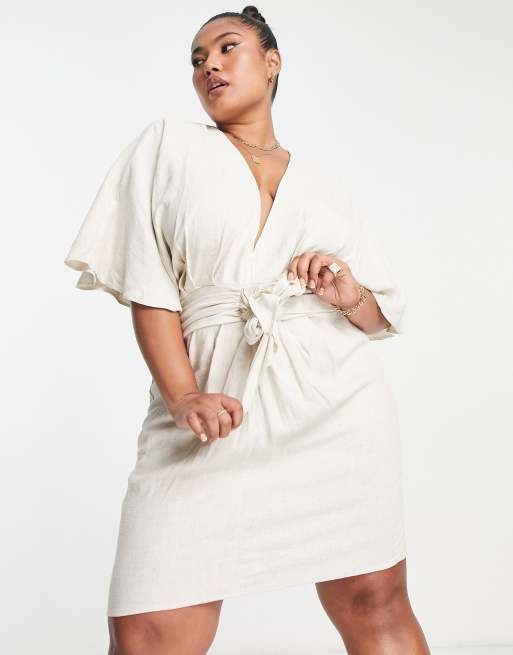 ASOS DESIGN Curve batwing tie front linen mini dress in natural , 4 of 4