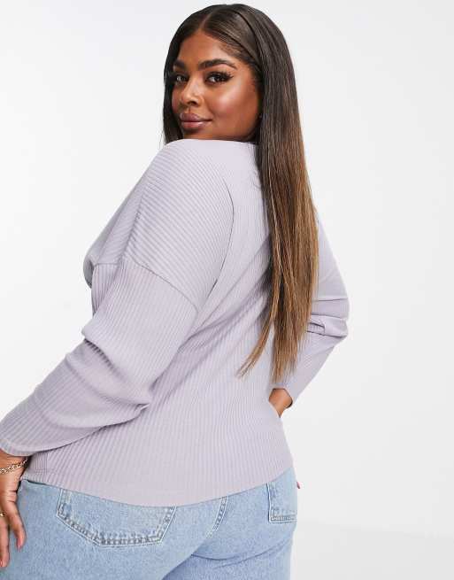 ASOS DESIGN Curve batwing top in super soft cosy rib in grey