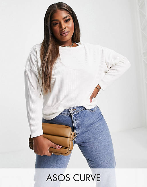 Women Curve batwing top in super soft cosy rib in white 
