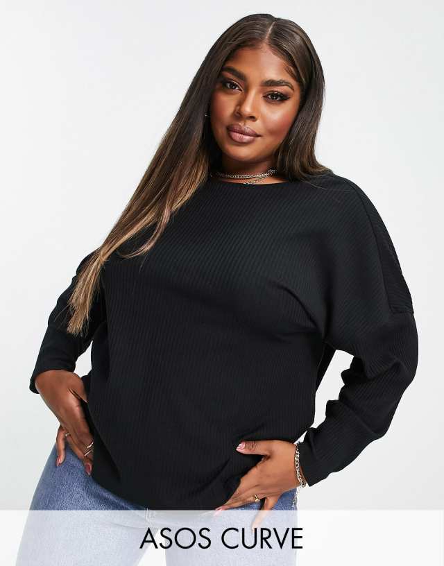 ASOS DESIGN Curve batwing top in super soft cozy rib in black