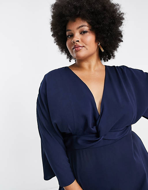 Dresses Curve batwing twist front midi skater dress in navy 