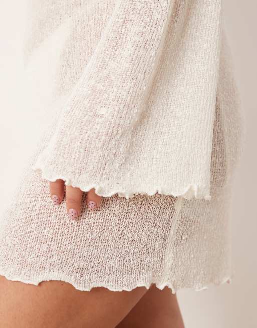 ASOS DESIGN Curve beach knit boucle scoop back mini dress in cream, 3 of 4