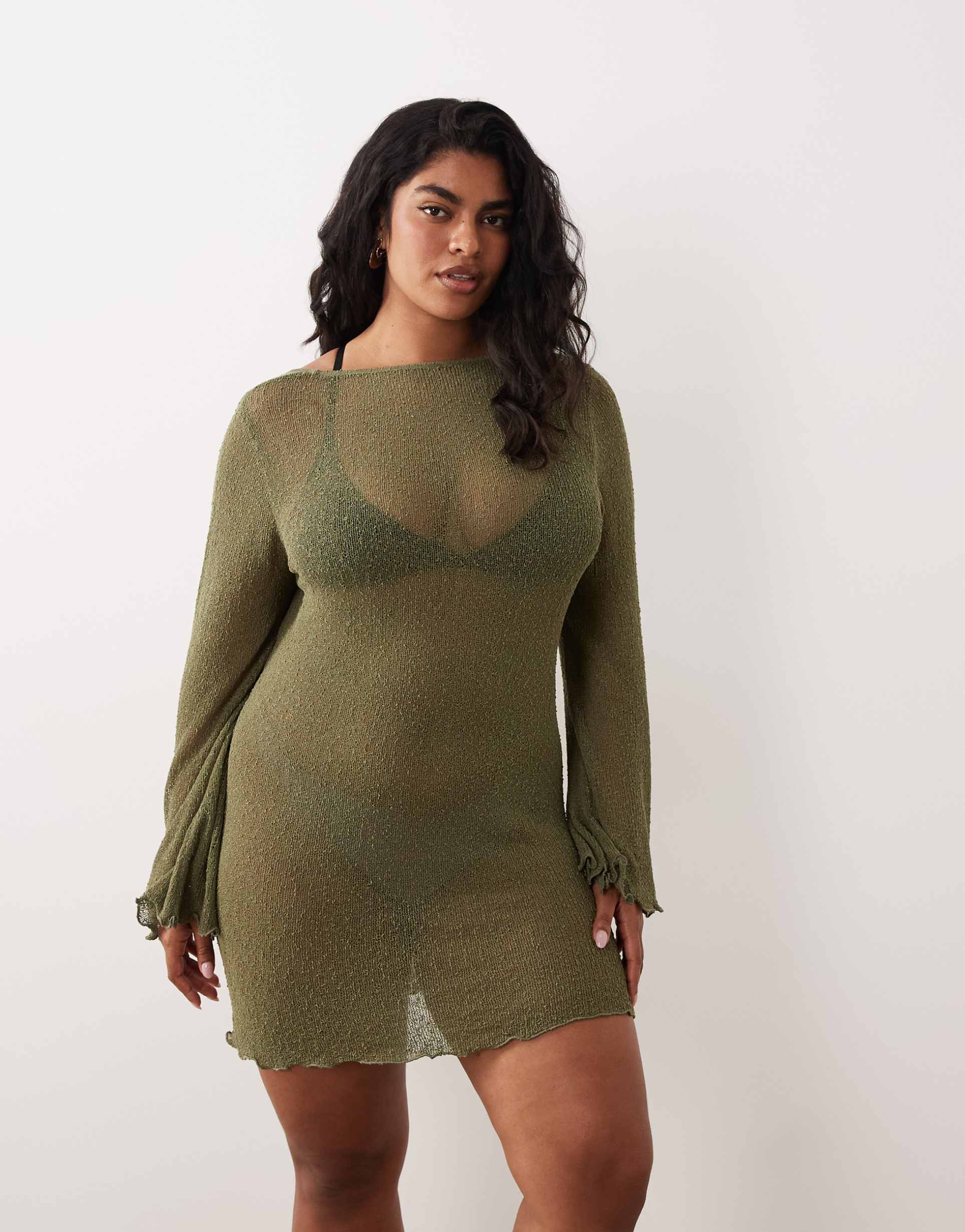 asos design curve beach knit boucle scoop back mini dress in khaki