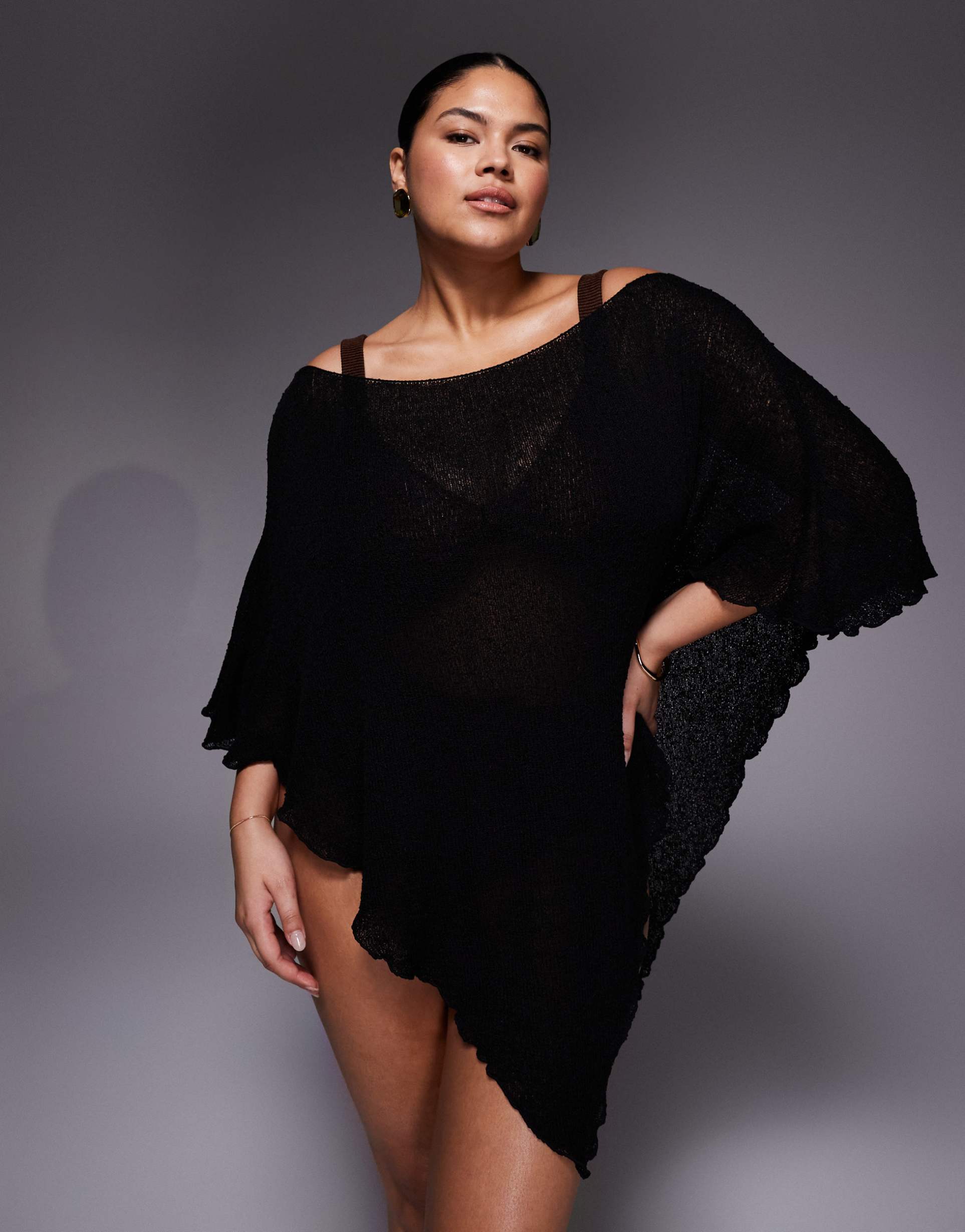asos design curve beach knit poncho in black